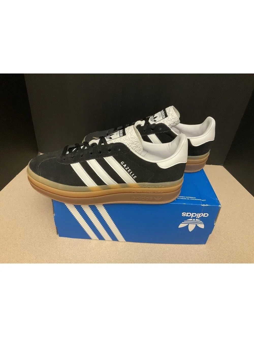 New! Womens Adidas Gazelle Bold Black/White/Gum Athletic Shoes. Size 9.5. Nice!